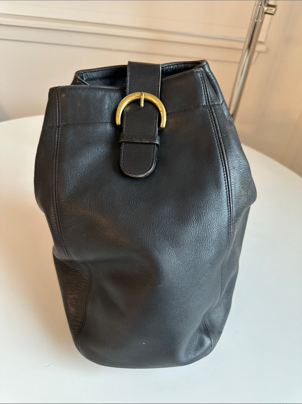 Vintage Coach Black Leather Sling Bag With Embossed Creed.